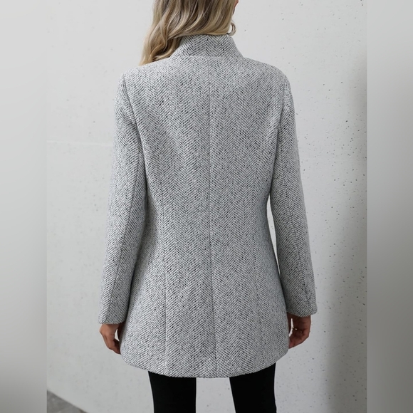 New Classic Herringbone Tweed Open Front Blazer Jacket White Gray - Picture 3 of 7